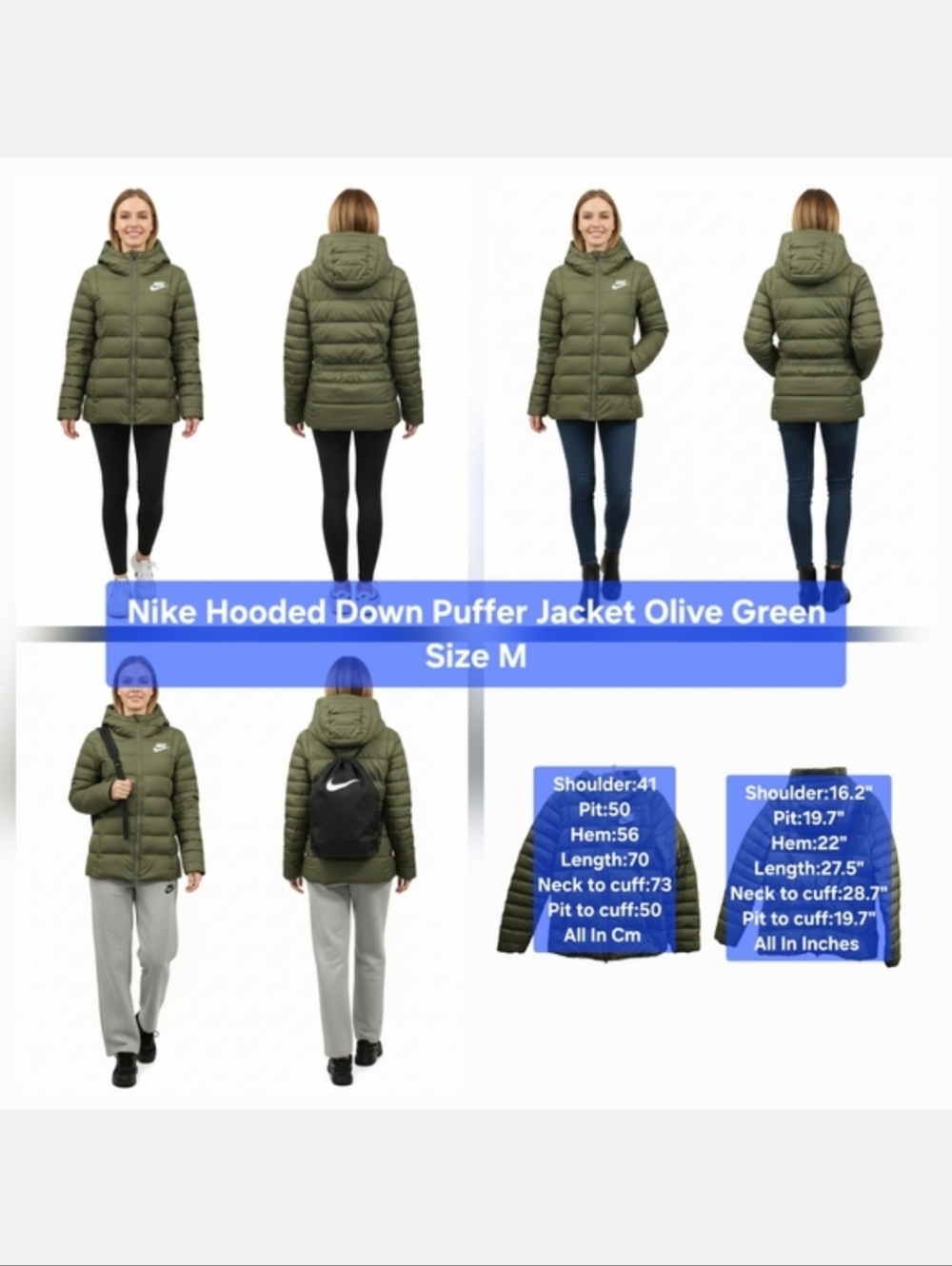 Nike Hooded Down Puffer Jacket Olive Green Size M